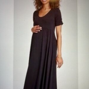 THE NINES BY HATCH Black Maxi Dress with Ruched Sleeves. Pullover w/scoop neck